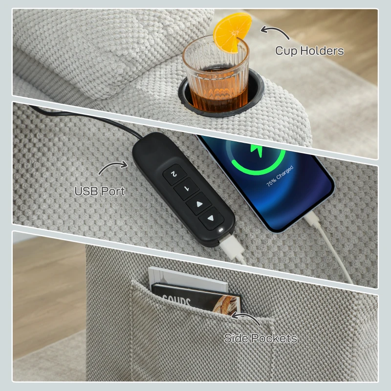 HOMCOM Electric Massage Recliner Armchair with Vibration, Heat, Whisper-Quiet Motor, Memory Function, Fleece Power Reclining Chair with Spring Pack, USB Port, Footrest, Side Pocket, Cup Holders, Grey