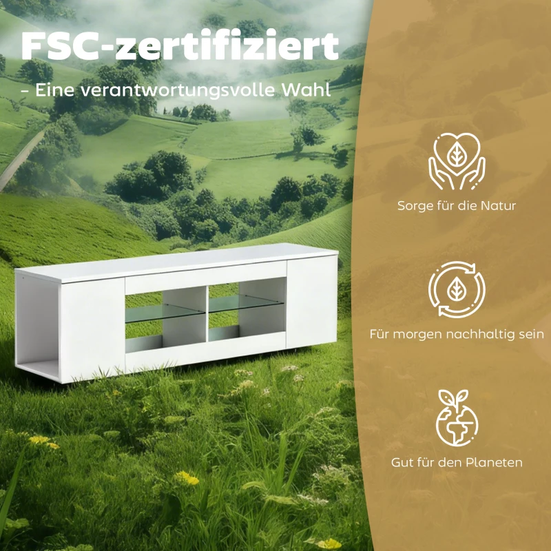 HOMCOM 140 cm TV-Ständer, Fernseh-Kommode, 6 Fächer, 2 Glasregale, Spanplatte, Weiß