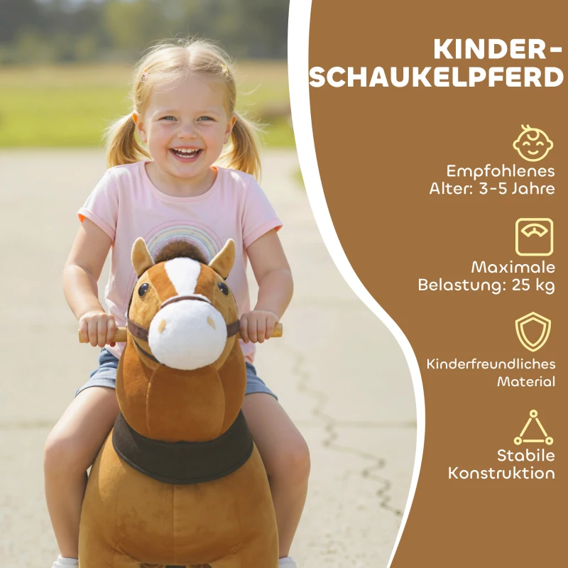 AIYAPLAY Reitpferd für Kinder, Stoffbezug, stabiler Rahmen, sanfte Räder, Schaukelpferd, 3-5 Jahre, Dunkelbraun