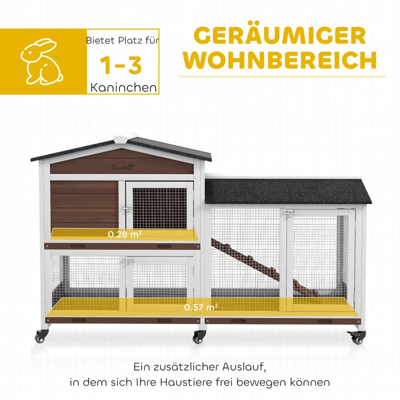 PawHut Kleintierstall mit Rollen, Zwergkaninchenstall, Freilaufgehege, Asphaltdach, Kleintierhaus, Zwergkaninchenauslauf, Holz, Stahl, Braun