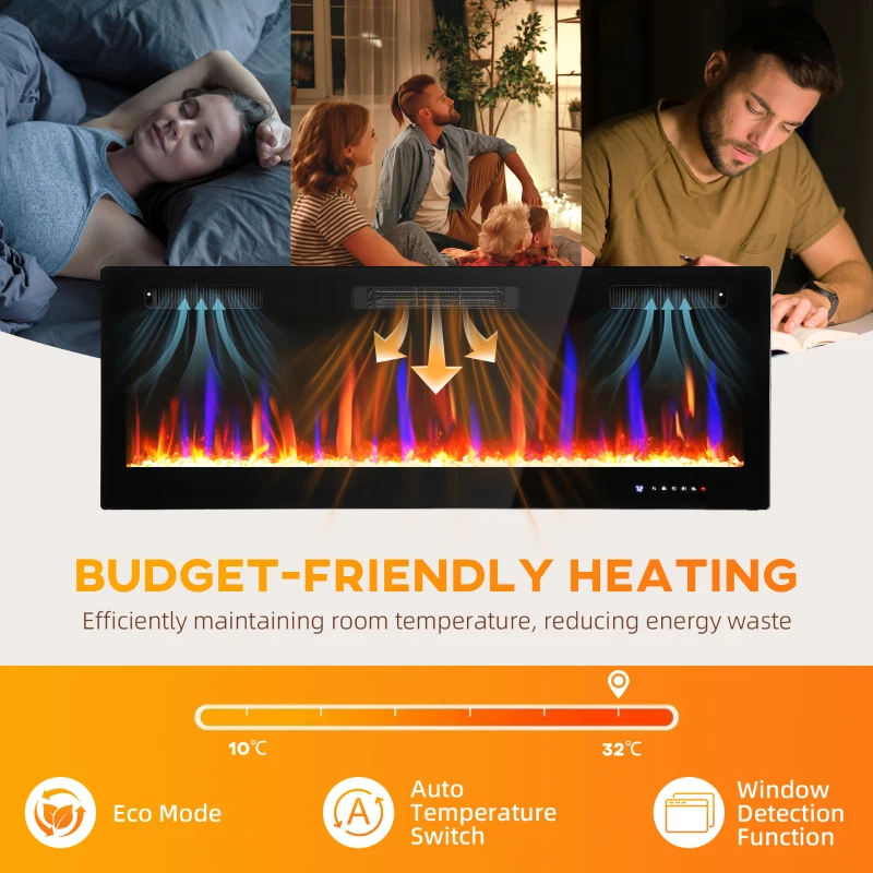 HOMCOM 50" Ultra-Slim Electric Fireplace, Wall Mounted and Recessed, 900W/1800W