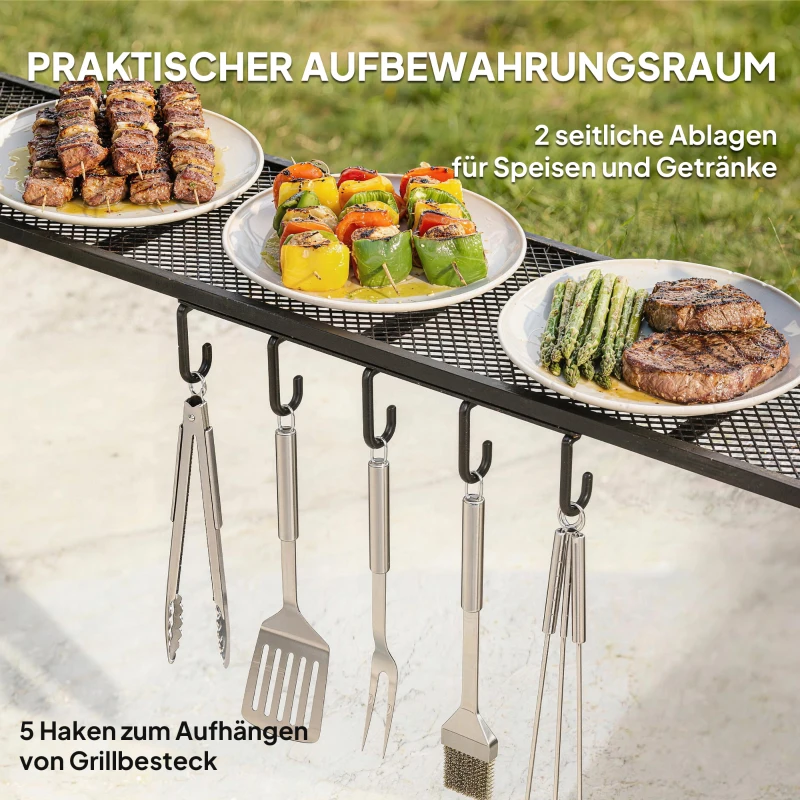 Outsunny Grillpavillon 2,4 x 1,5 m flammhemmend Gartenpavillon mit Bogendach Seitenregale Haken Dunkelgrau