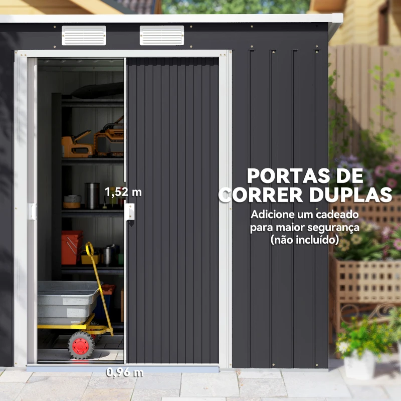 Outsunny Abrigo de Jardim 213x130x173  Abrigo de Exterior de Aço Galvanizado com Porta Corredeira para Armazenamento Cinza Escuro
