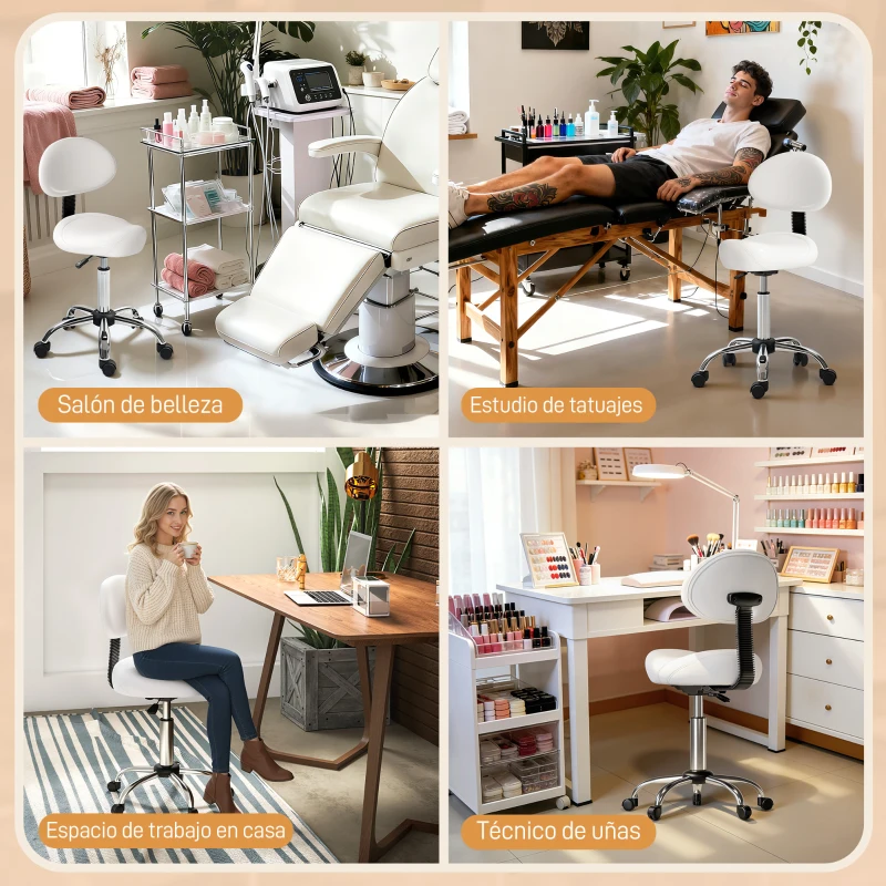 HOMCOM Taburete Giratorio con Respaldo y Ruedas Silla Ajustable para Salones de Belleza Estudio de Tatuajes 50x50x83-98cm Blanco