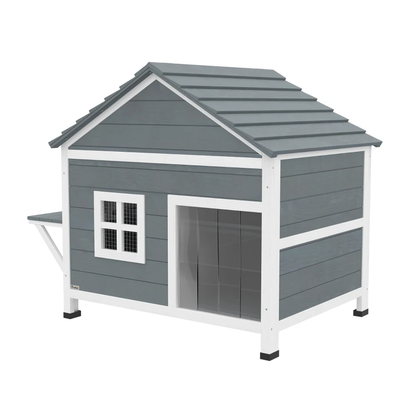 PawHut Maison pour chat en bois 2 étages, refuge pour chat avec toit étanche ouvrant, plateforme latérale, 101x72,5x81 cm, Gris