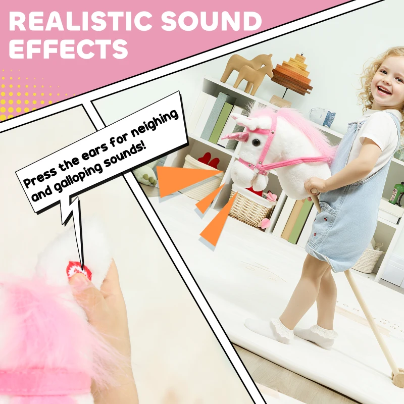 AIYAPLAY Unicorn Stick Horse with Wood Wheels, Real Pony Neighing and Galloping Sounds, Grip Handle, 95 cm, White