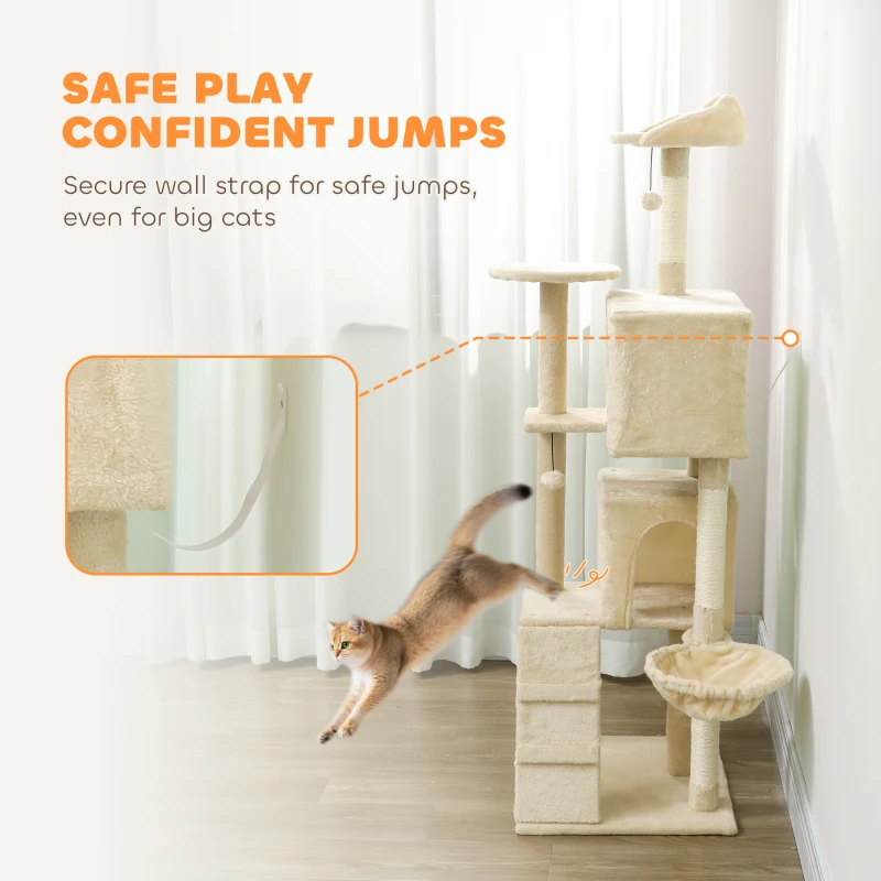 PawHut 160cm Large Cat Tree Tower with Sisal Scratching Posts, Condos, Plush Perches, Hammock, Ladder, Beige