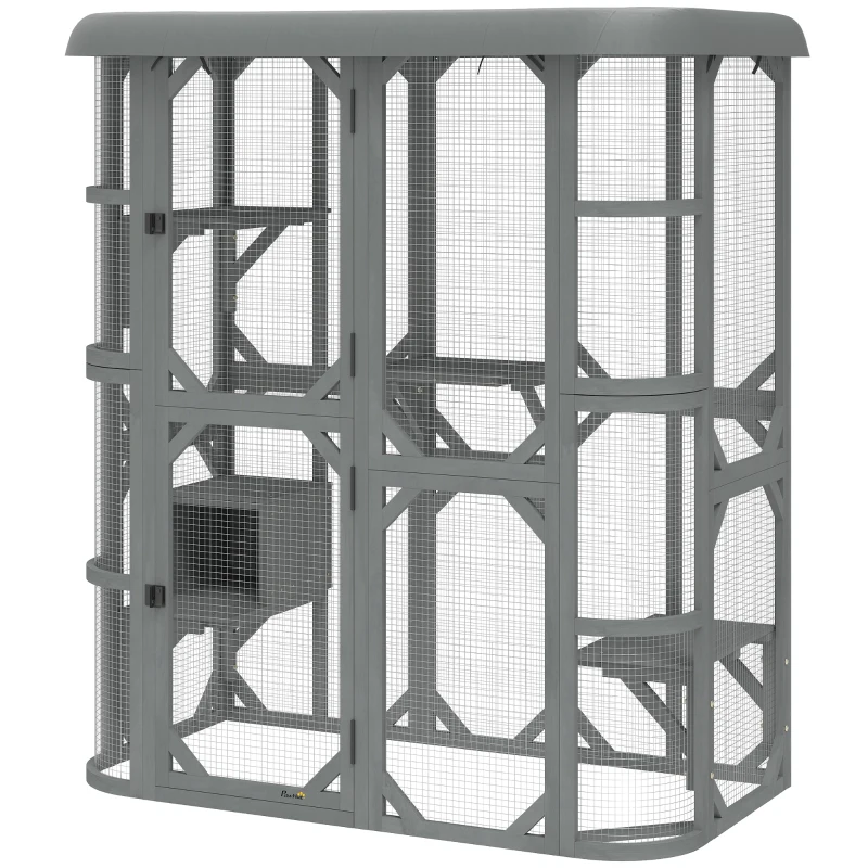 PawHut Catio Outdoor Cat Enclosure,  Wooden Cat House with Platforms, Condo and Waterproof Cover for 2–3 Kittens, Grey
