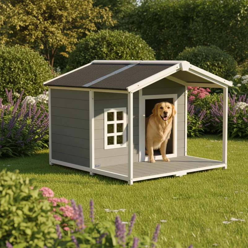 PawHut Niche pour chien imperméable surélevée en bois avec toit en asphalte, terrasse, pour chiens de taille moyenne 103x107x83,5cm Gris