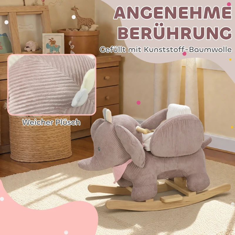 AIYAPLAY Schaukeltier, Elefant-Schaukel, interaktive Tiergeräusche, Holzrahmen, für Kinder 1,5-3 Jahre, 65 x 35 x 50 cm, Braun
