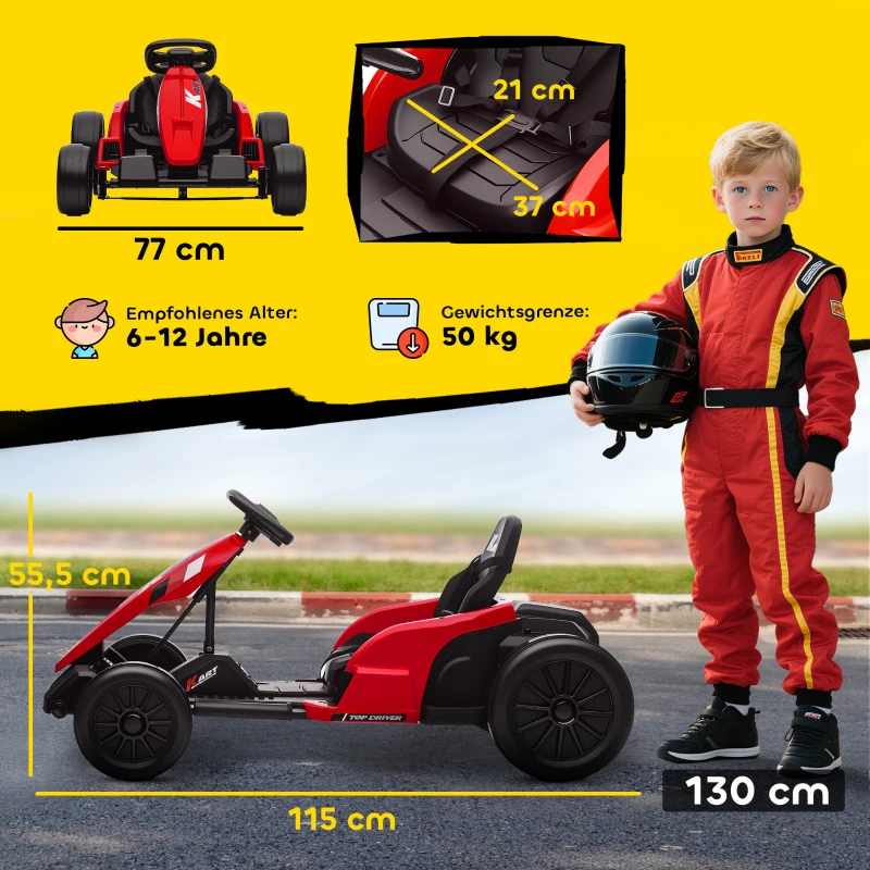 AIYAPLAY 24V Elektrisches Go-Kart, Drift-Modus, verstellbarer Sitz, 5-Punkt-Sicherheitsgurt, Musikfunktion, Hupe, 6-12 Jahre Rot