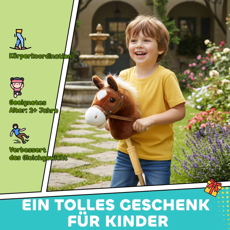 AIYAPLAY Steckenpferd Kinder Steckenpferde mit Sound, Griffe, Rolle, Stockpferd zum Reiten für Kinder 24+ Monate, Braun