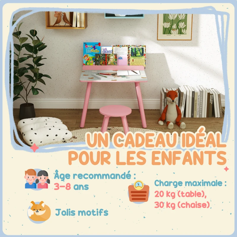 AIYAPLAY Ensemble table et chaise enfant table pour enfant avec chaise avec porte-livres motifs d'ours pour enfants 3-8 ans rose