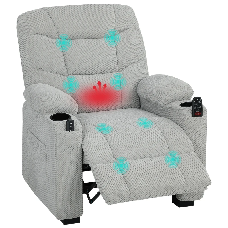HOMCOM Electric Massage Recliner Armchair with Vibration, Heat, Whisper-Quiet Motor, Memory Function, Fleece Power Reclining Chair with Spring Pack, USB Port, Footrest, Side Pocket, Cup Holders, Grey