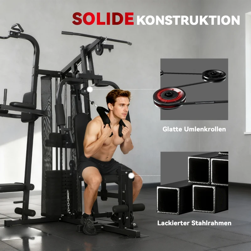 SPORTNOW Multifunktions-Trainingsstation, Heimfitness-Maschine für über 10 Übungen, Gewichte, anpassbare Fitnessbank, Schwarz