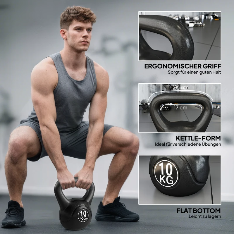 HOMCOM Kettlebell Kugelhantel 10 kg Gewicht-Hantel mit Sand befüllt für Anfänger Schwarz
