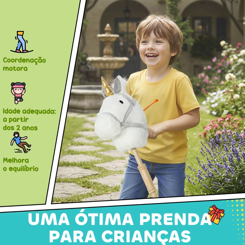 AIYAPLAY Cavalo com Pau de Madeira Design Unicórnio Sons e Rodas Cavalo de Brinquedo 95x25x27 cm Branco
