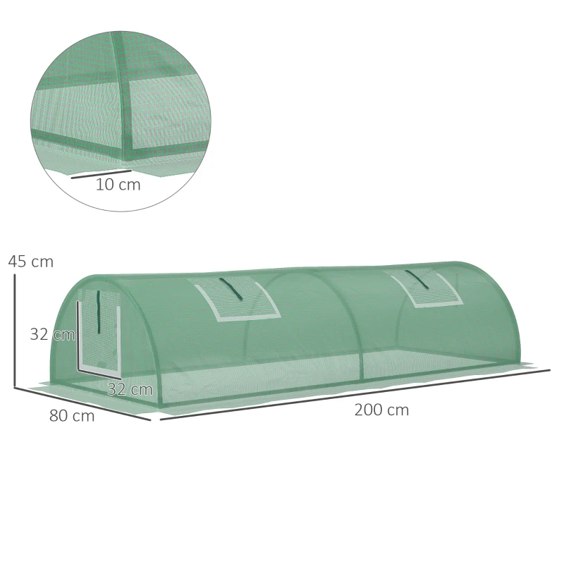 Outsunny Mini Estufa para Cultivo de Plantas com 4 Janelas Estrutura em Aço e Cobertura de PE Anti-UV 200x80x45 cm Verde