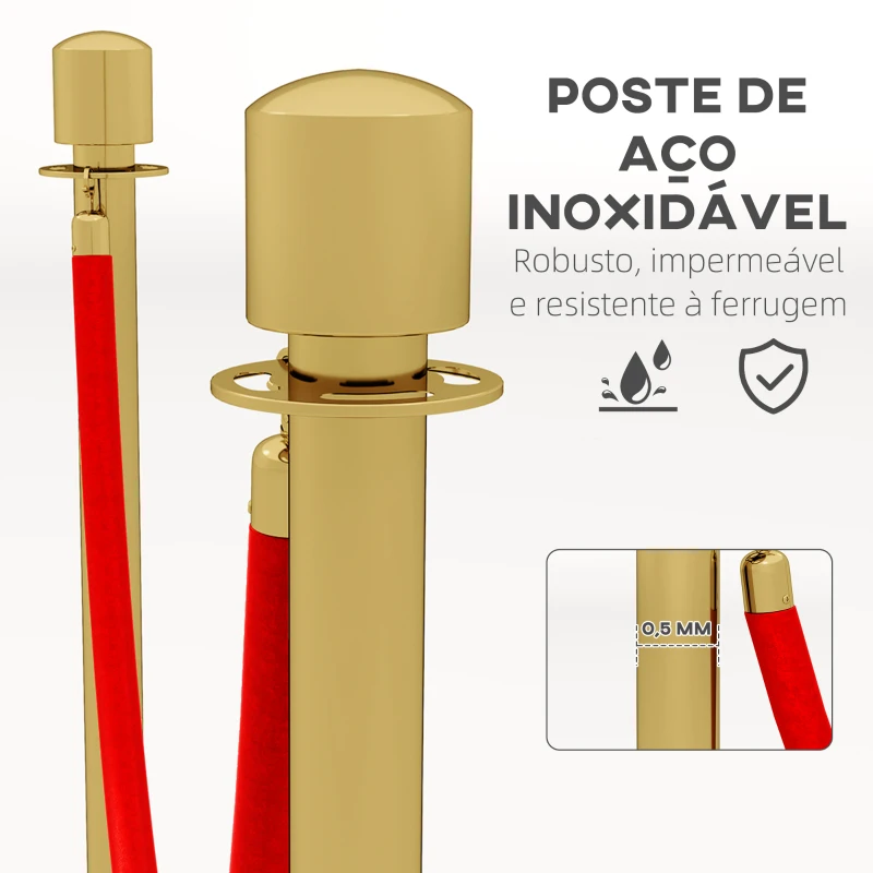 HOMCOM Conjunto de 2 Postes Separadores em Aço Inoxidável com Corda de Veludo Vermelho de 1,5 m e Base Preenchível Dourado