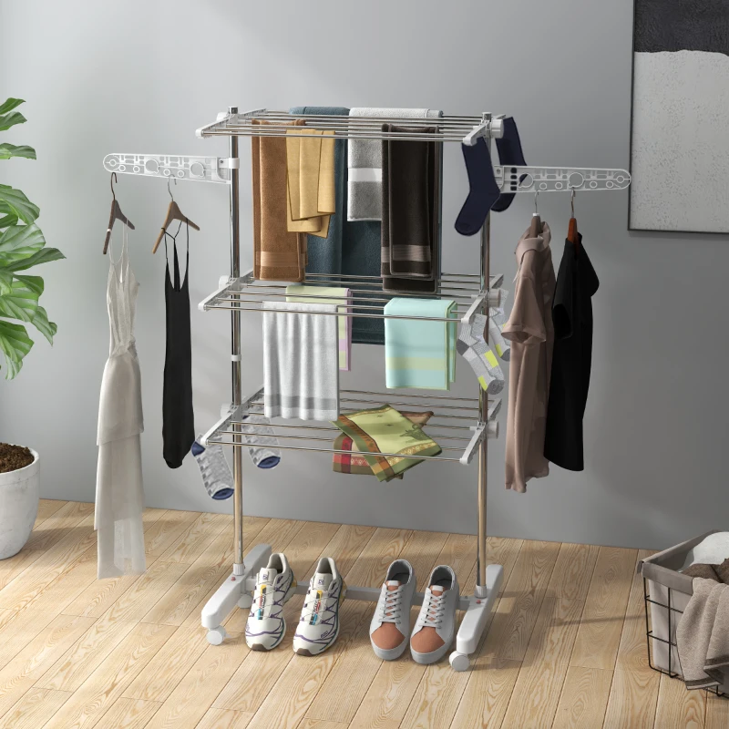 HOMCOM 3-Tier Clothes Airer, Stainless Steel Foldable Clothes Drying Rack with Wheels and Wings, Indoor and Outdoor, Easy Assembly, 142 x 55 x 152cm, White