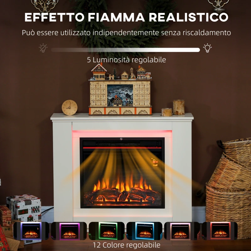 HOMCOM Camino Elettrico con Fiamma a 12 Colori e 5 Luminosità, Telecomando e Timer, 98x25x80 cm, Bianco e Nero