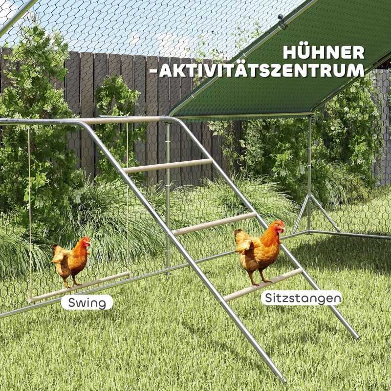 PawHut Hühner Spielgerüst aus Holz, Spielplatz für Hühnern mit Hühnerstangen, verstellbar Schaukel, 82 x 150 x 110 cm Silber