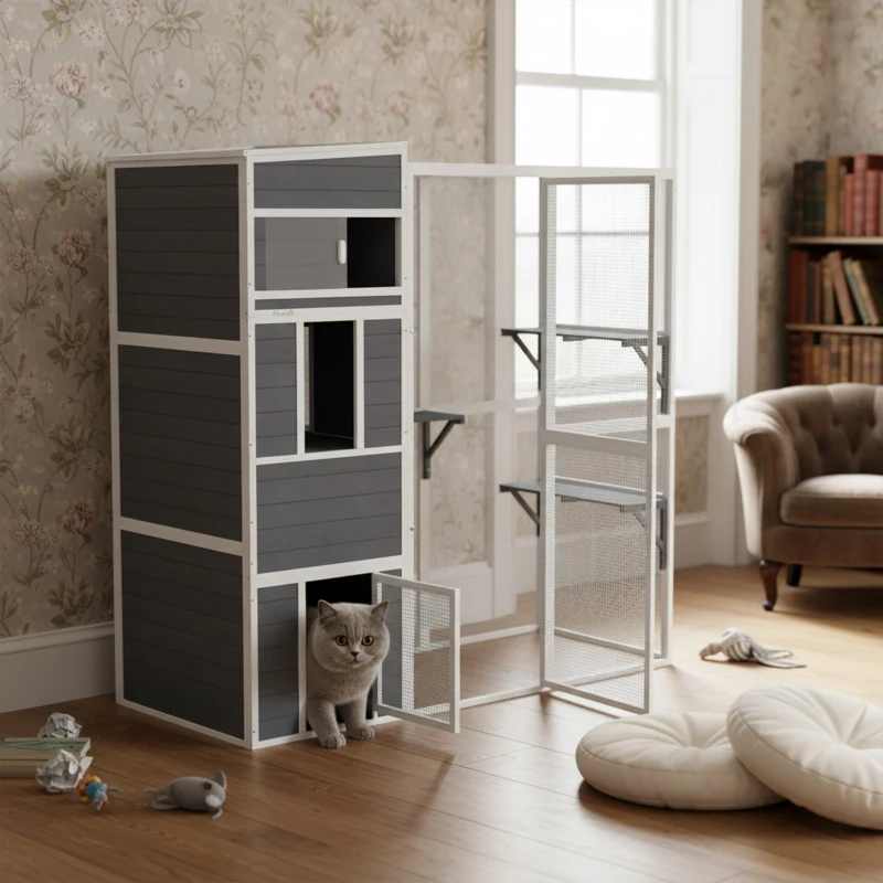 PawHut Enclos pour chats extérieur Maison pour chats en bois avec 3 plateformes toit étanche espace repos pour 3-4 chats jusqu'à 10 kg Gris