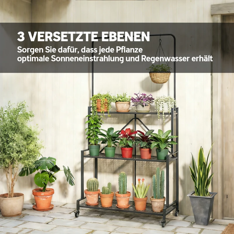 Outsunny 3-Etagen Pflanzenständer Klappbar Blumenständer mit Rolle, Haken, Pflanzenregal aus Metall, Schwarz