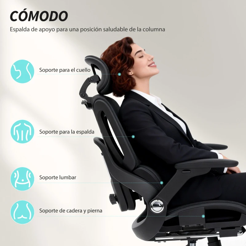 HOMCOM Silla de Escritorio de Malla con Reposapiés Respaldo Reclinable Soporte Lumbar Reposabrazos y Reposacabezas Ajustable