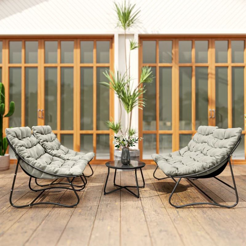 Outsunny 4 Seater Garden Furniture Set, Conversation Set with Loveseat Sofa, Chairs, Glass Coffee Table, Thick Cushions, Steel Outdoor Sofa for Balcony, Poolside, Conservatory, Light Grey