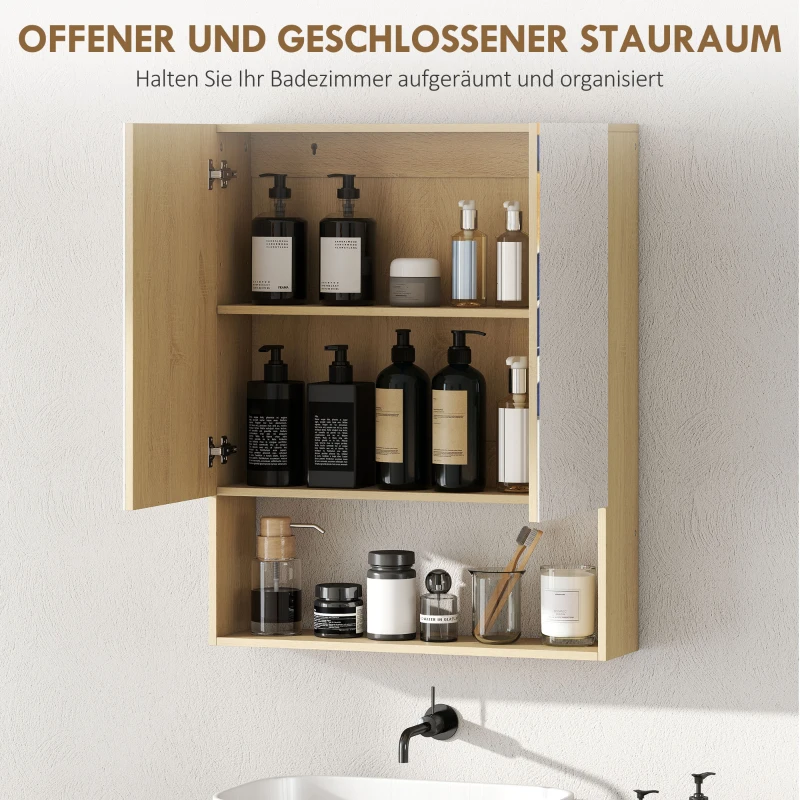 HOMCOM Badezimmerschrank, Spiegeltüren, offenes Regal, Wandmontage, MDF, Spanplatte, Eiche