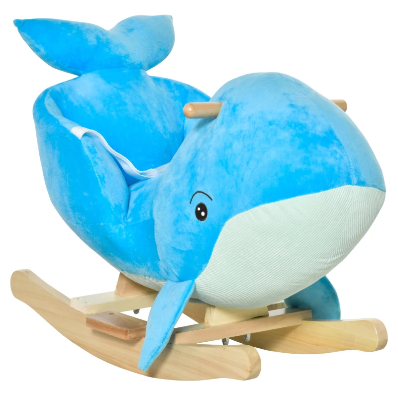 HOMCOM Baloiço com Forma de Baleia para Crianças de 18-36 Meses Baloiço de Pelúcia com Sons Cinto de Segurança e Apoio para os Pés 60x33x50 cm Azul