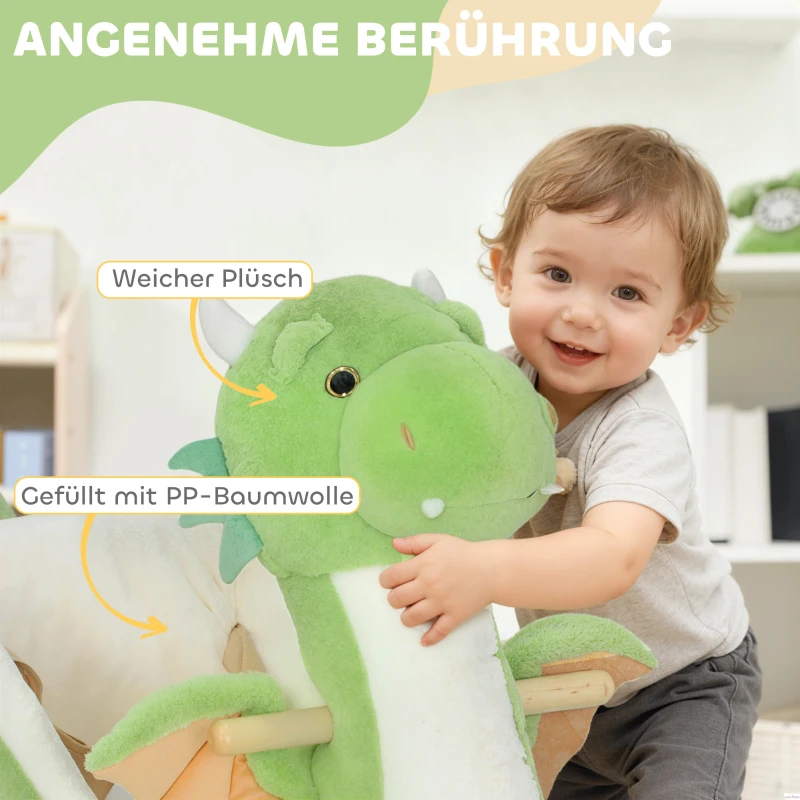 AIYAPLAY Schaukeltier, Dinosaurier-Schaukel, interaktive Tiergeräusche, weiche Füllung, Holzrahmen, 65 x 38 x 72 cm, Grün