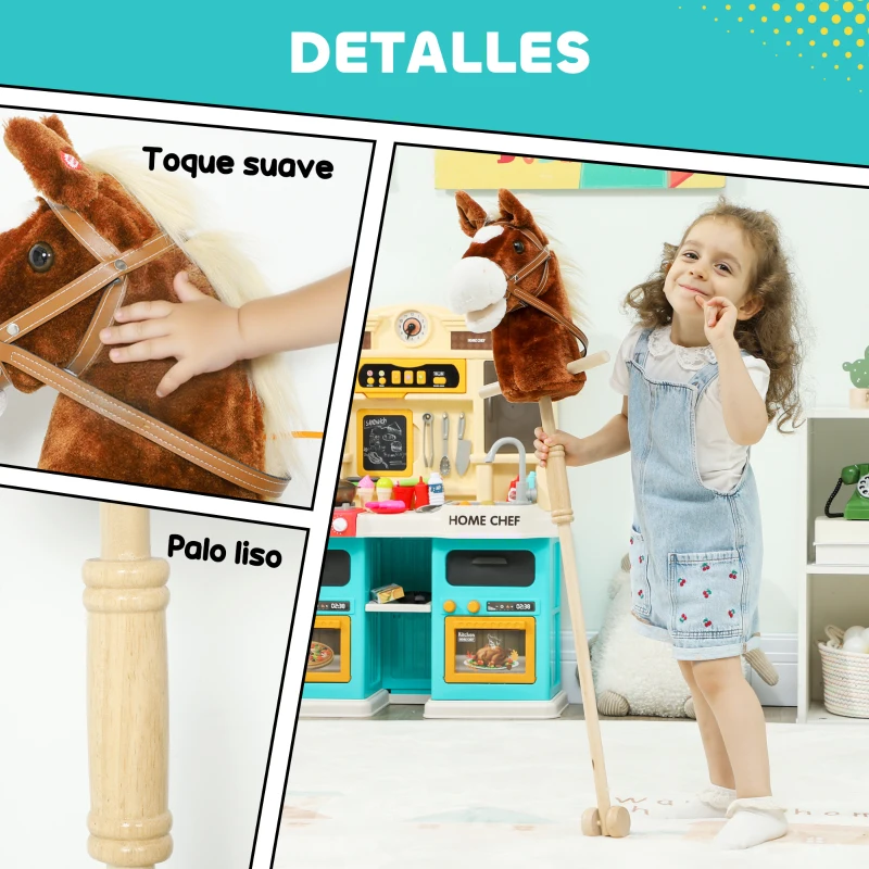 AIYAPLAY Cabeza de Caballo con Palo de Madera Sonidos y Ruedas Caballo de Juguete 95 cm de Altura Marrón