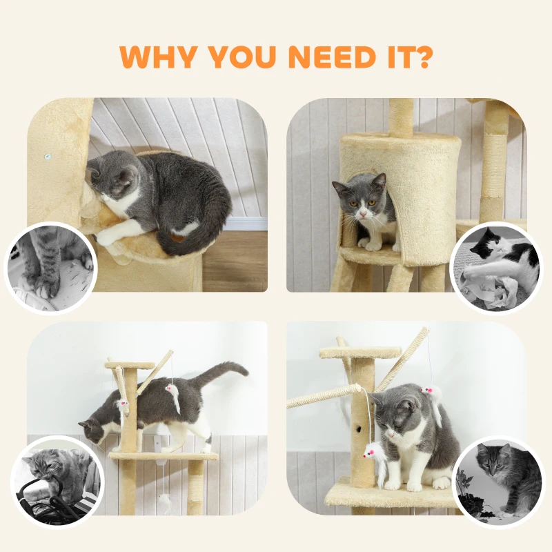 PawHut Multi-Level Cat Tower, 134cm Cat Tree with Condo and Sisal Scratching Posts for Indoor Kittens, Beige