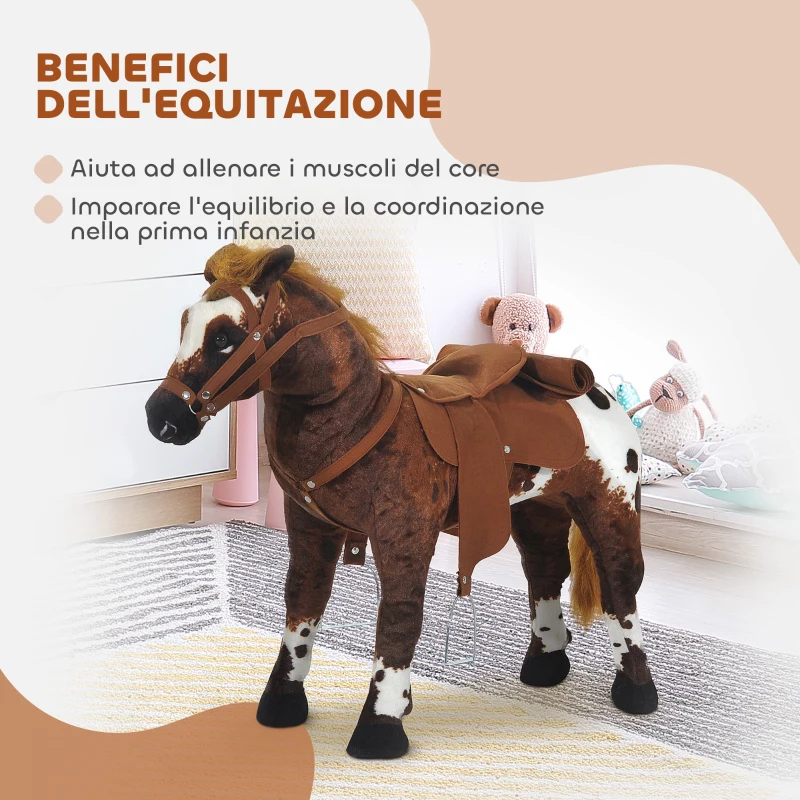 HOMCOM Cavallo a Dondolo per Bambini 2+ Anni con Nitrito, Sella e Staffe, in Peluche e Metallo, 85x28x60 cm, Marrone