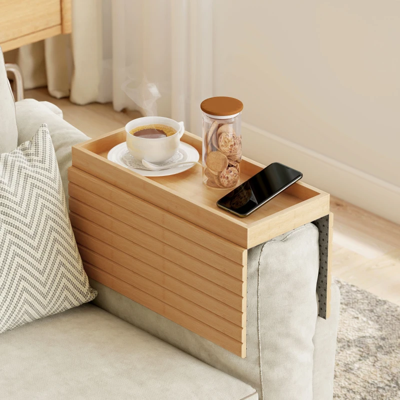 HOMCOM Armlehnen-Tablett für Sofas, für Getränke, Snacks, Fernbedienung, Bambusholz