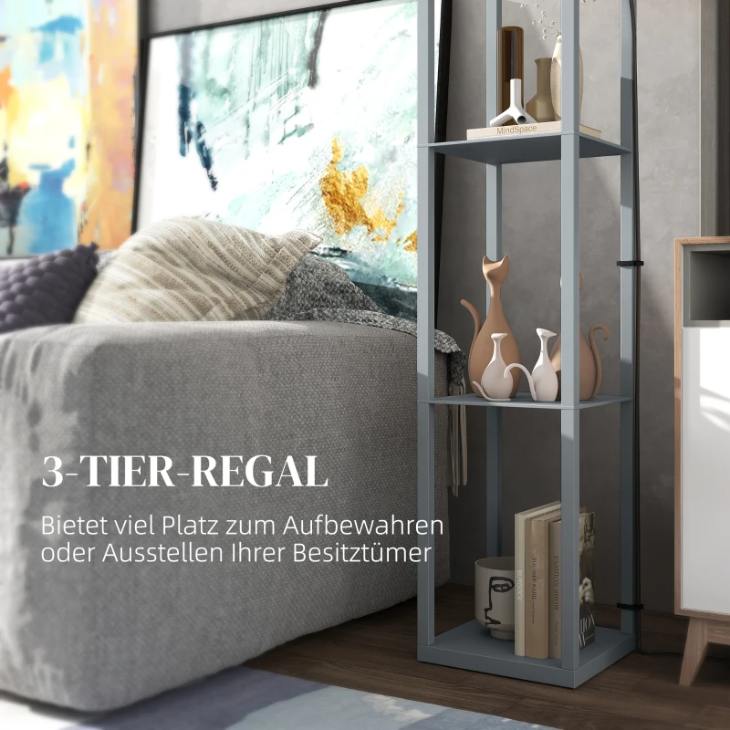 HOMCOM Stehlampe mit Regal, 3 Fächer, kompakte Maße, MDF, Hellgrau