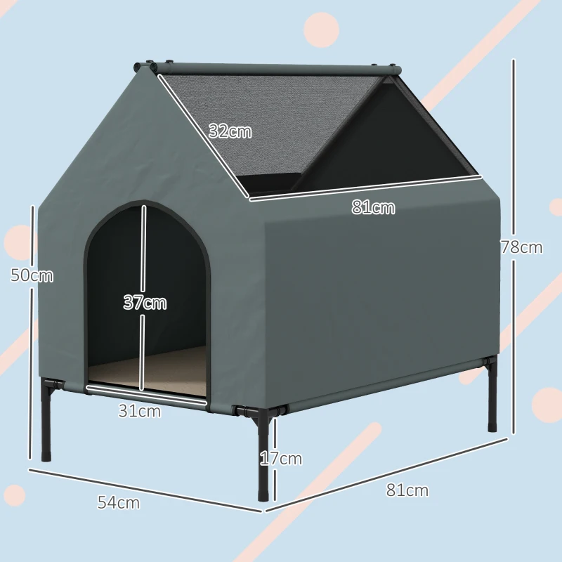PawHut Dog House Outdoor Elevated Dog Bed with Removable Cover, Mesh Windows, Storage Bag, for S and M-Sized Dogs, Grey