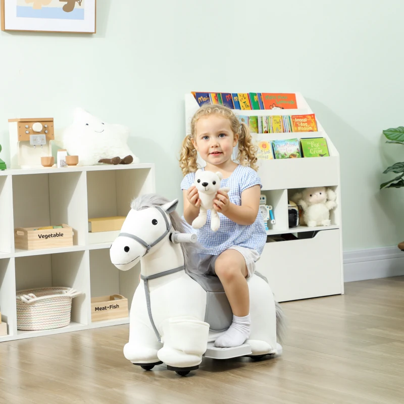 AIYAPLAY Cavalo Elétrico com Música Bateria 6V Brinquedo Elétrico Toque Suave Rodas Silenciosas de PU Movimento para a Frente  74x34x51 cm Branco