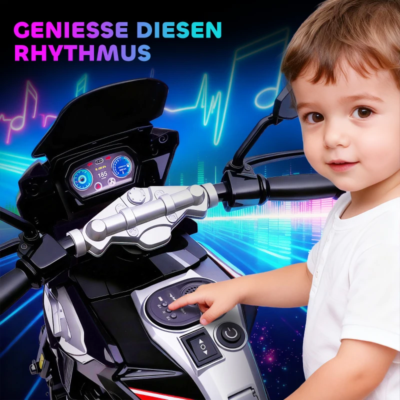 AIYAPLAY Elektro-Motorrad für Kinder von 18-36 Monaten, Aufsitz-Fahrzeug, Hilfsräder, Lichter, Musik, Kunststoff, Stahl, Schwarz
