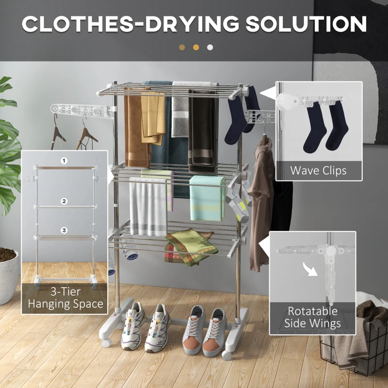 HOMCOM 3-Tier Clothes Airer, Stainless Steel Foldable Clothes Drying Rack with Wheels and Wings, Indoor and Outdoor, Easy Assembly, 142 x 55 x 152cm, White
