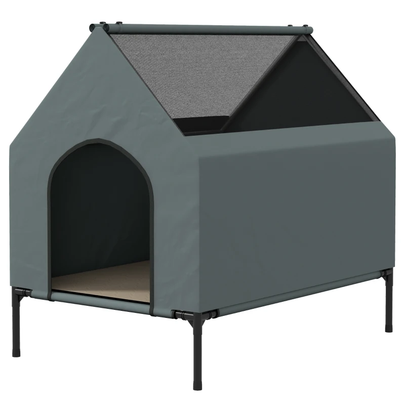 PawHut Dog House Outdoor Elevated Dog Bed with Removable Cover, Mesh Windows, Storage Bag, for S and M-Sized Dogs, Grey