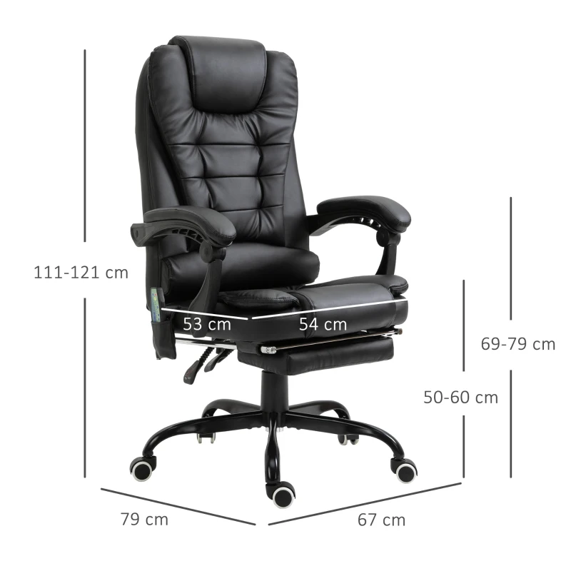 HOMCOM Fauteuil de bureau direction massant chauffant hauteur réglable dossier inclinable repose-pied + coussin lombaires intégrés revêtement synthétique noir