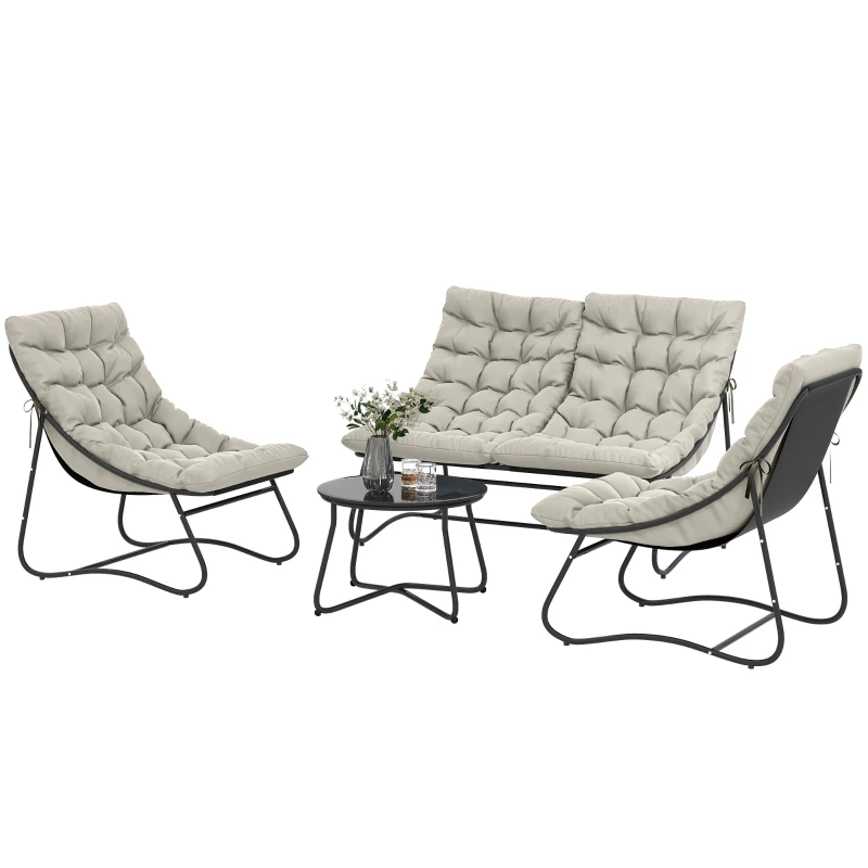 Outsunny 4 Seater Garden Furniture Set, Conversation Set with Loveseat Sofa, Chairs, Glass Coffee Table, Thick Cushions, Steel Outdoor Sofa for Balcony, Poolside, Conservatory, Light Grey