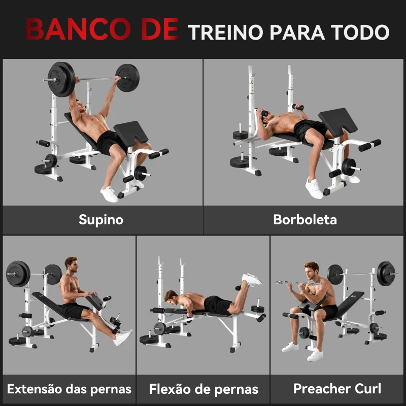 HOMCOM Banco de Musculação Multifuncional Inclinável com Suporte para Barra Ajustável Extensão de Pernas Curl de Predicador 180x134x113-136 cm Preto