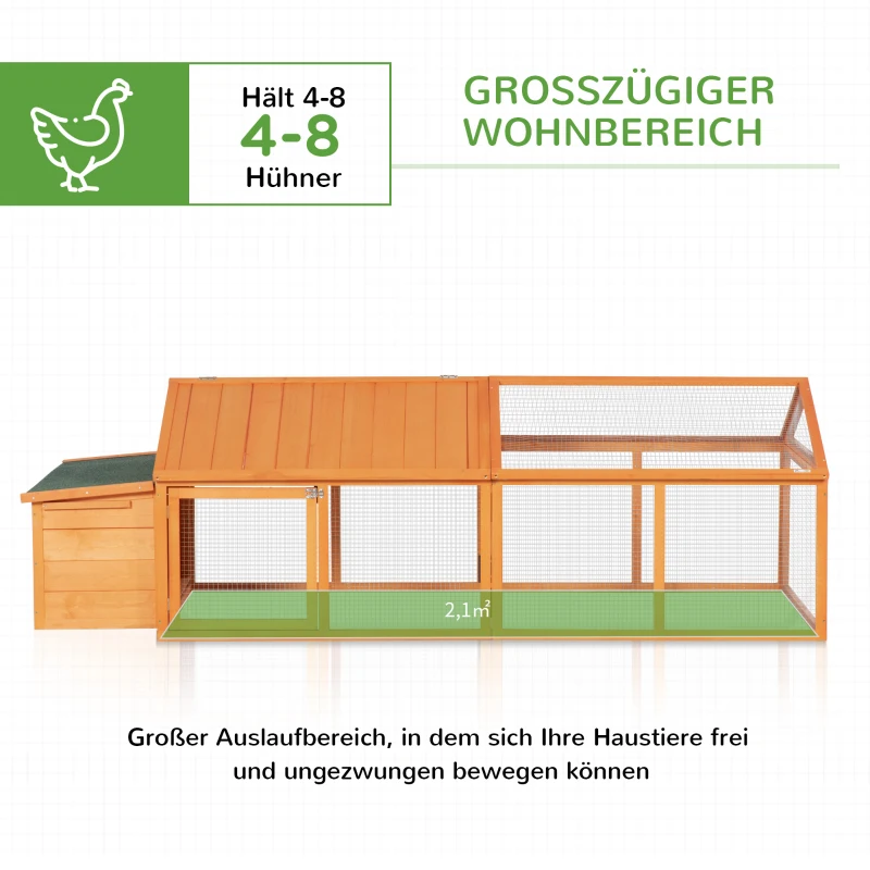 PawHut Hühnerstall Freilaufgehege 2,4 x 1,125 x 0,76 m Freigehege mit Schloss Tür aufklappbar Dach Tannenholz Orange