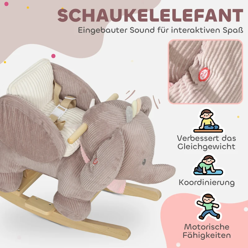 AIYAPLAY Schaukeltier, Elefant-Schaukel, interaktive Tiergeräusche, Holzrahmen, für Kinder 1,5-3 Jahre, 65 x 35 x 50 cm, Braun