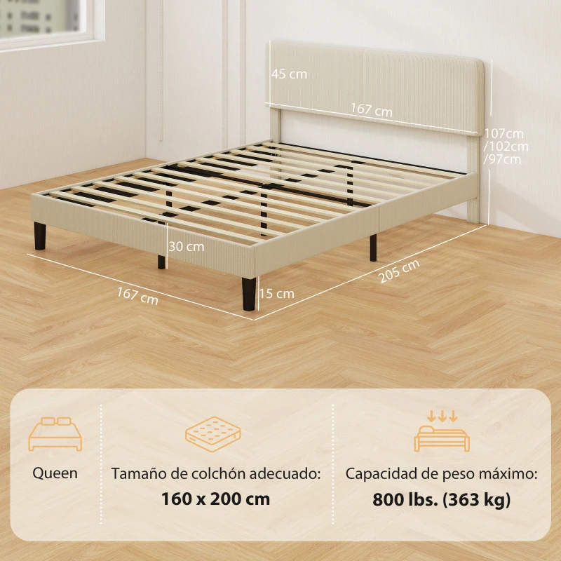 HOMCOM Somier 160x200 cm con Cabecero Ajustable Tapizado en Pana Láminas de Madera Fácil de Montar Gris Claro