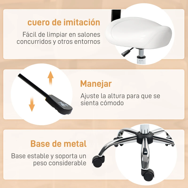 HOMCOM Taburete Giratorio con Respaldo y Ruedas Silla Ajustable para Salones de Belleza Estudio de Tatuajes 50x50x83-98cm Blanco